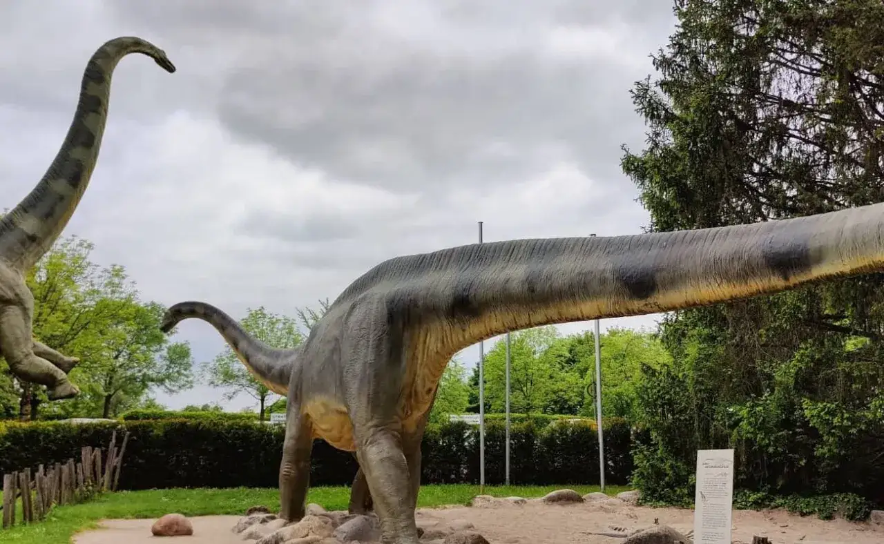 Zwei lebensgroße Dinosaurier-Modelle im Holzmaden Dinopark, mit langen Hälsen und detailreicher Hauttextur, stehen unter einem bewölkten Himmel inmitten grüner Bäume.