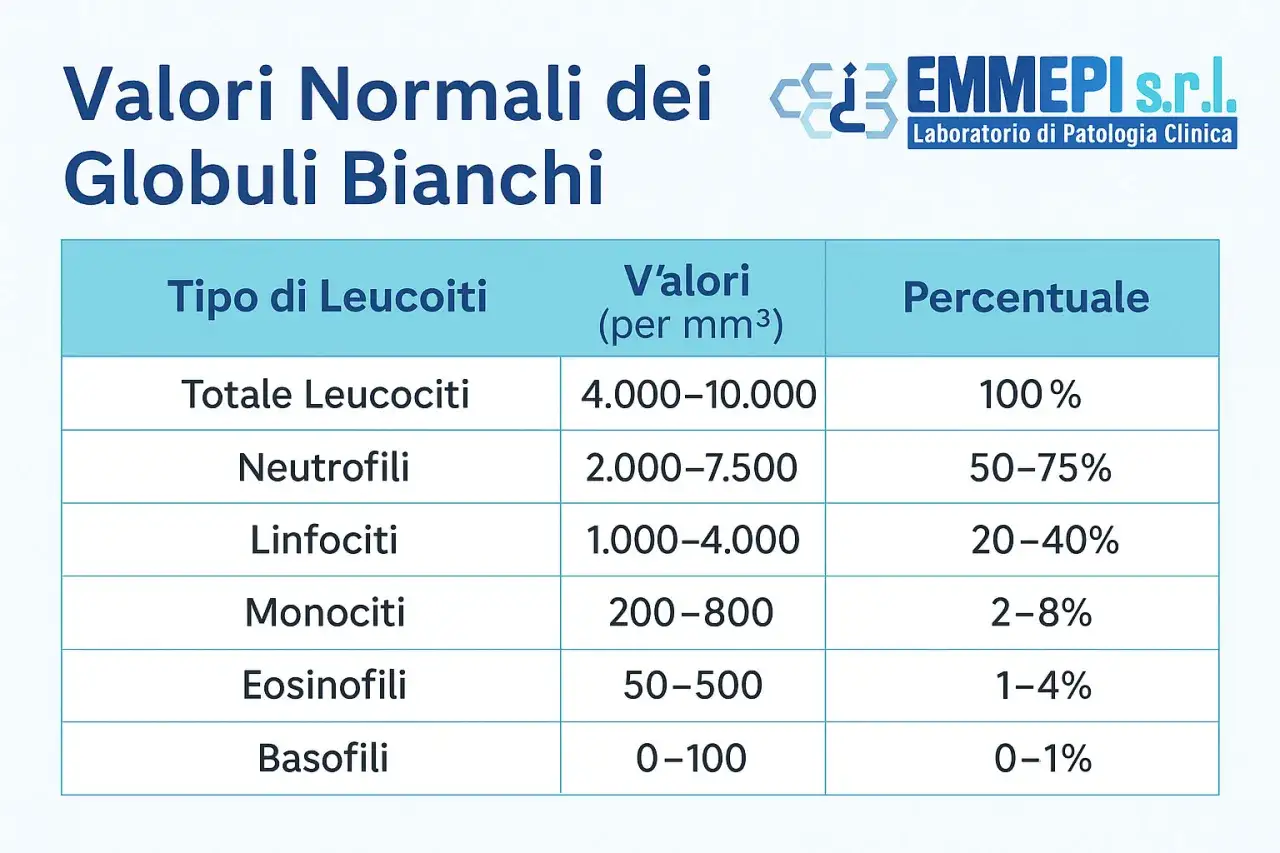 Tabella con valori normali dei globuli bianchi. I monociti hanno un range di 200-800 per mm&sup3; e una percentuale del 2-8%.
