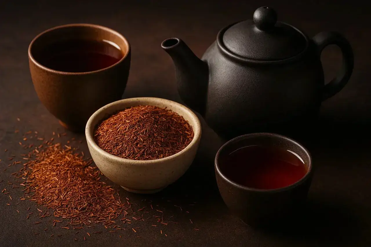 Th&eacute;i&egrave;re et tasses de rooibos, une boisson aux nombreux rooibos bienfaits. Le rooibos sec est pr&eacute;sent&eacute; dans un bol.