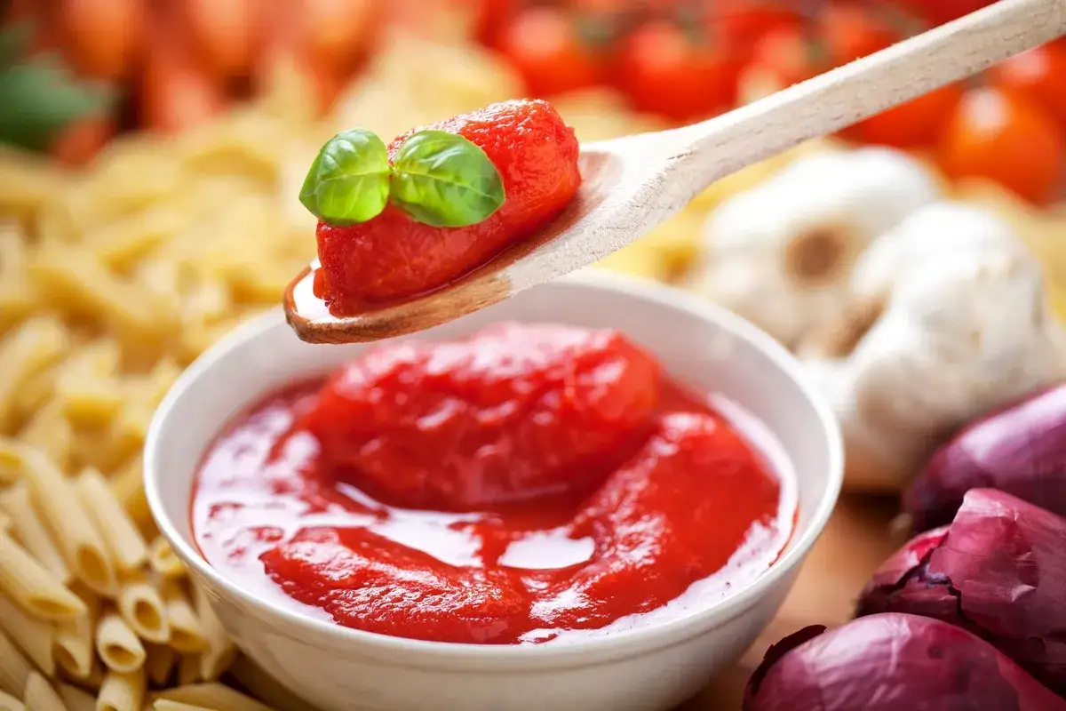 Łyżka z pomidorami pelati i bazylią nad miską pełną sosu pomidorowego, obok makaron penne, czosnek i czerwona cebula.