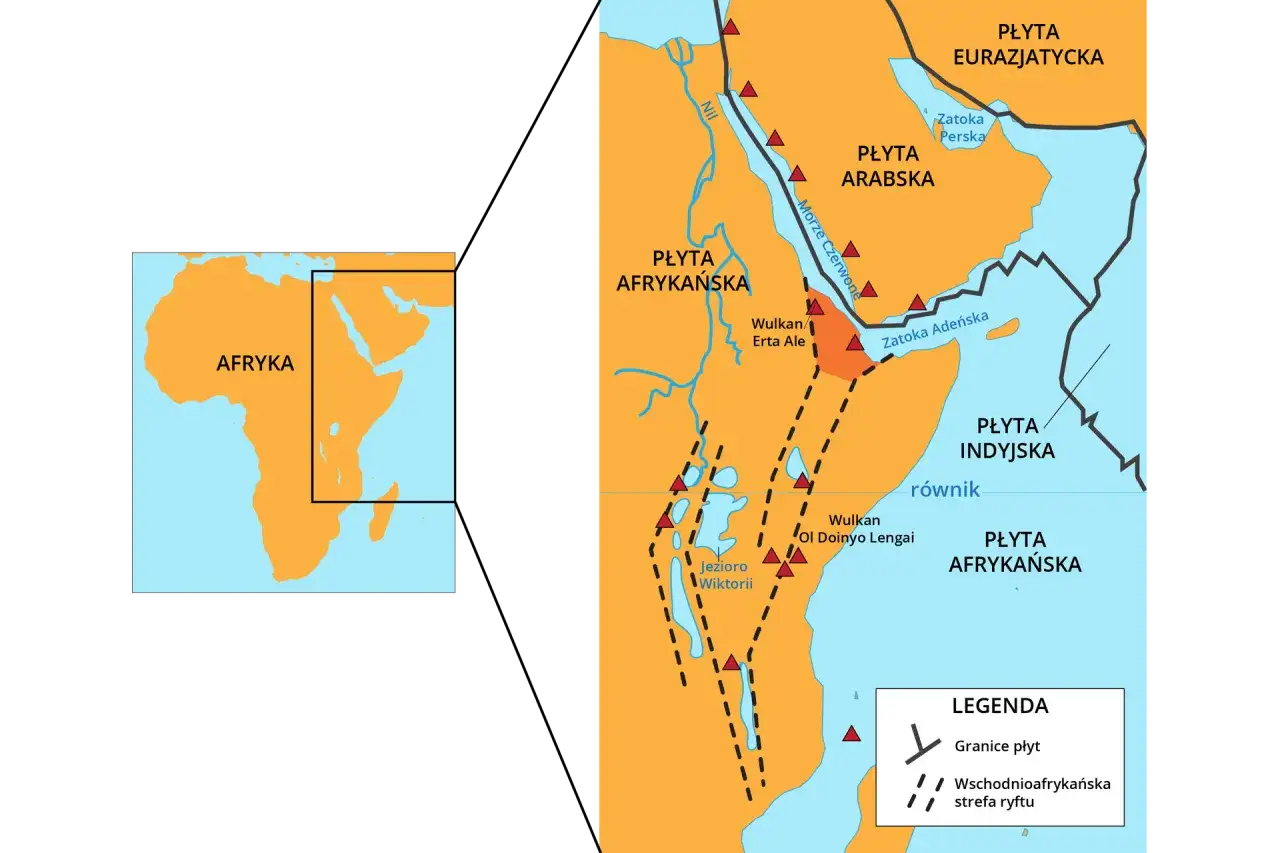 Mapa geologiczna Afryki z zaznaczonymi płytami tektonicznymi, wulkanami i dużym jeziorem Wiktorii.