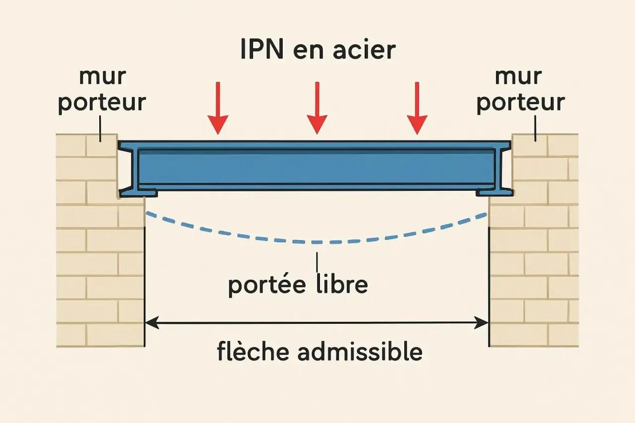 Un IPN en acier repose sur des murs porteurs. La portée libre est la distance entre les murs. La flèche admissible indique la déformation maximale autorisée.