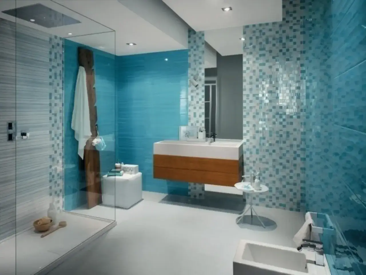Bagno moderno con doccia a filo pavimento e vasca. Le pareti sono rivestite con piastrelle azzurre, un'ispirazione per chi vuole sapere come posare piastrelle bagno.