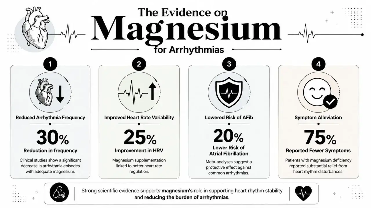 Magnez a niski puls: redukcja arytmii o 30%, poprawa HRV o 25%, niższe ryzyko AFib o 20%, ulga w objawach u 75%.