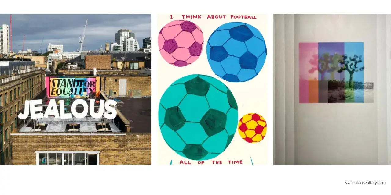 A collage of art from the London Art Fair: a rooftop with