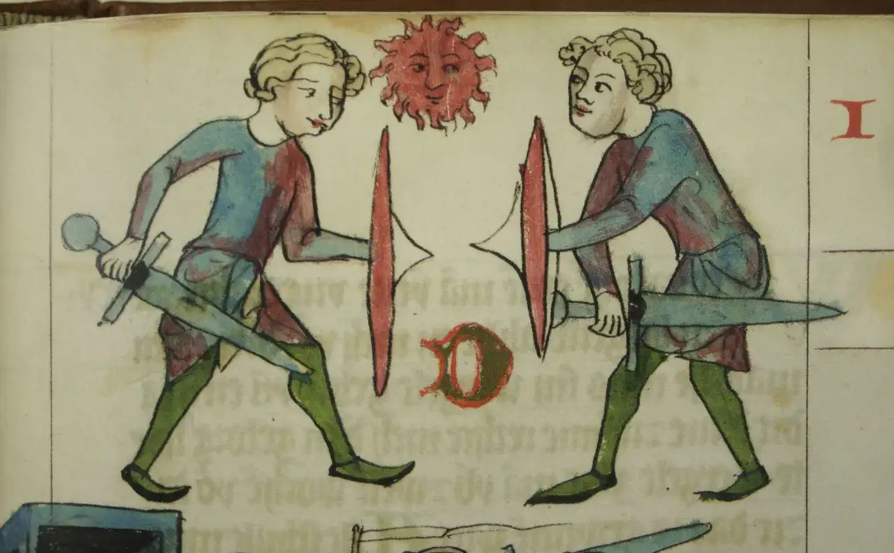 Dwóch rycerzy w barwnych strojach, z mieczami i tarczami, staje naprzeciw siebie. Słońce nad nimi symbolizuje dawne słowo honoru.