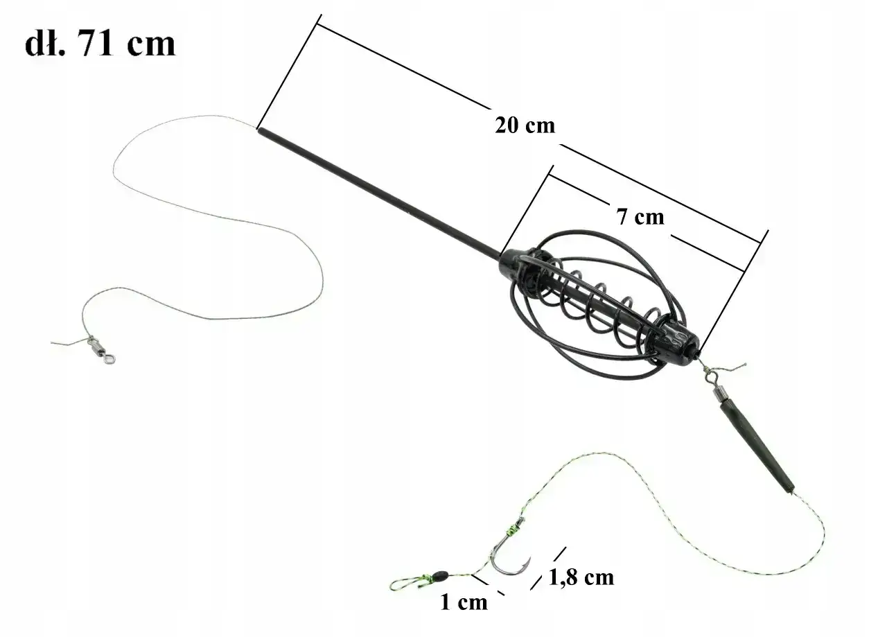 Akcesoria do łowienia na grunt: koszyczek zanętowy, żyłka, haczyk. Długość 71 cm.