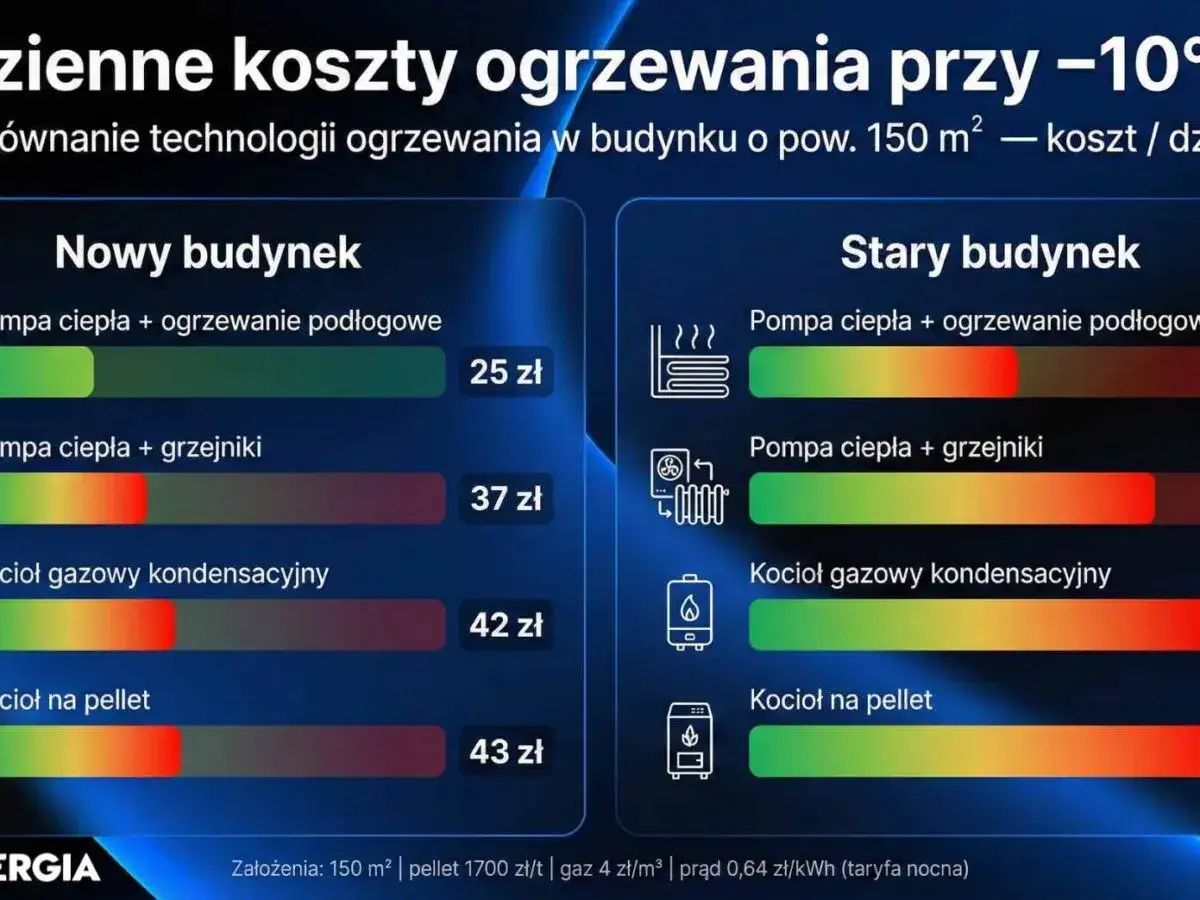 Porównanie kosztów ogrzewania domu 150 m² przy -10°C. Sprawdź, jakie ogrzewanie do domu będzie najtańsze: pompa ciepła z podłogówką (25 zł) czy kocioł na pellet (43 zł).