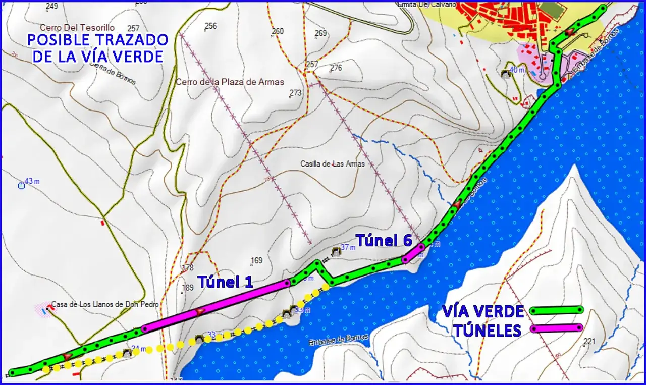 Mapa de la Vía Verde de Bornos, mostrando el trazado posible con túneles 1 y 6. Ideal para planificar cómo llegar.