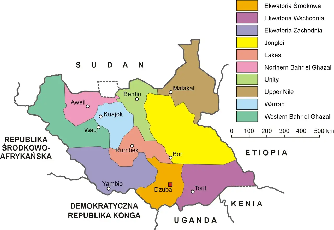 Mapa polityczna Sudanu Południowego z zaznaczonymi stanami i miastami. Pokazuje, gdzie leży Sudan Południowy, granicząc z Sudanem, Etiopią, Kenią, Ugandą i Republiką Środkowoafrykańską.