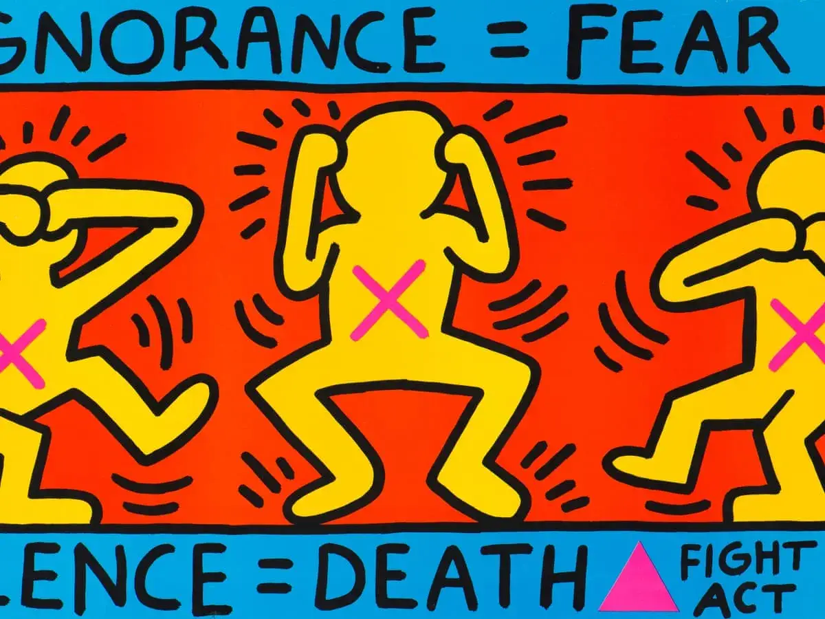 Œuvres d'art de Keith Haring : trois figures jaunes stylisées sur fond orange, avec des messages forts.