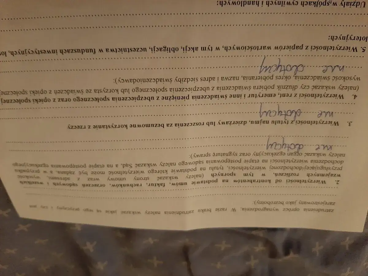Oświadczenie do komornika o braku majątku. Wpisano 