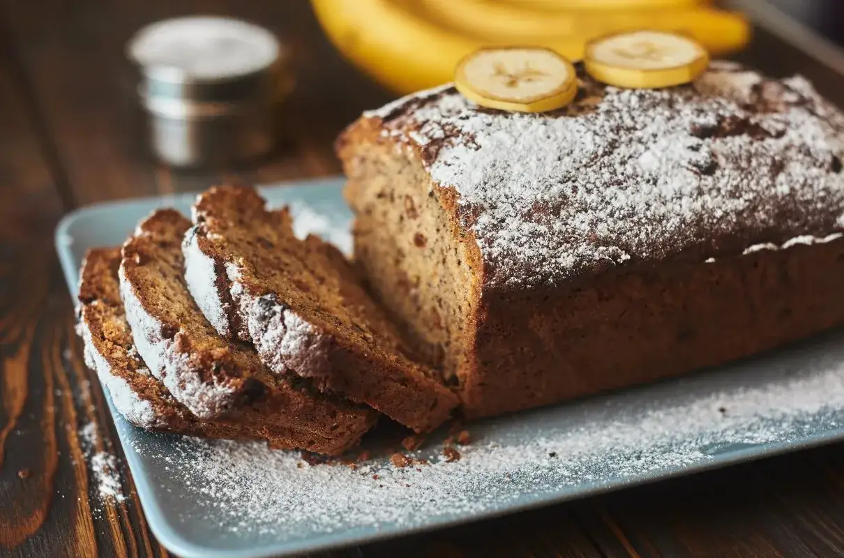 Pyszne, wilgotne ciasto bananowe, które zawsze się udaje. Pokrojone na kromki, posypane cukrem pudrem i ozdobione plasterkami banana.