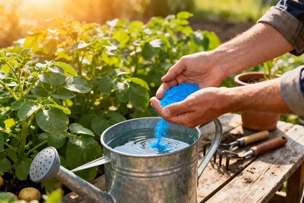 Mains versant une poudre bleue dans un arrosoir, pour le dosage bouillie bordelaise pour 1 litre. L&eacute;gumes au soleil.