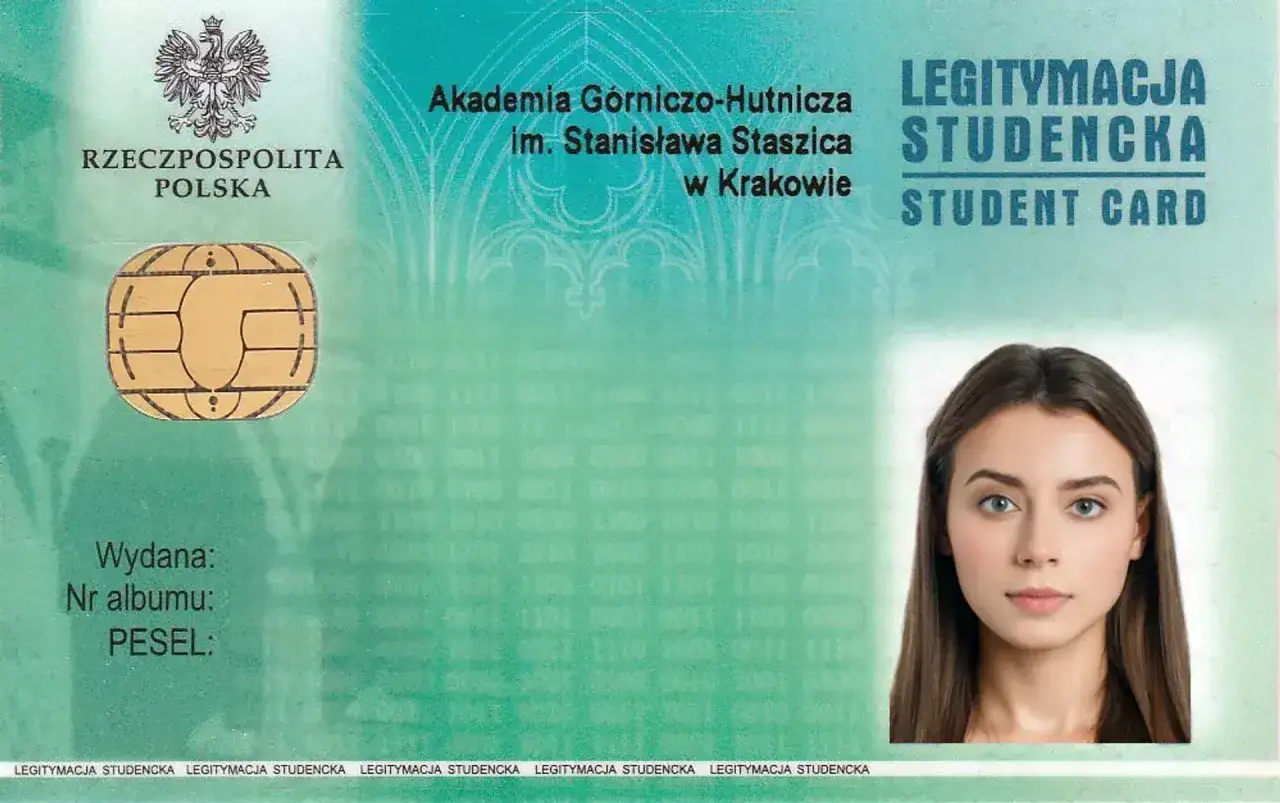 Legitymacja studencka Akademii Górniczo-Hutniczej im. Stanisława Staszica w Krakowie z wizerunkiem młodej kobiety.