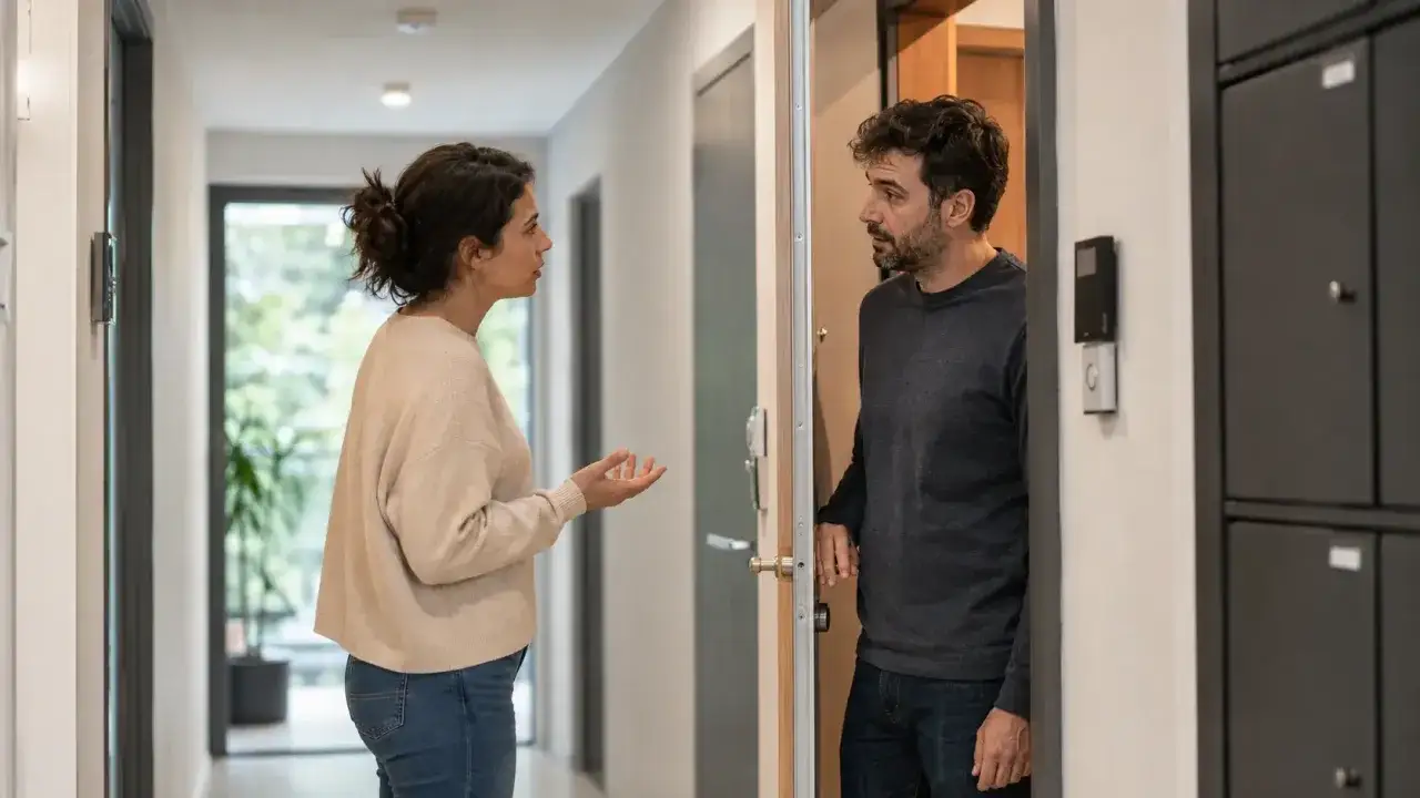 Un couple discute à la porte, visiblement en proie à des troubles du voisinage en droit français.