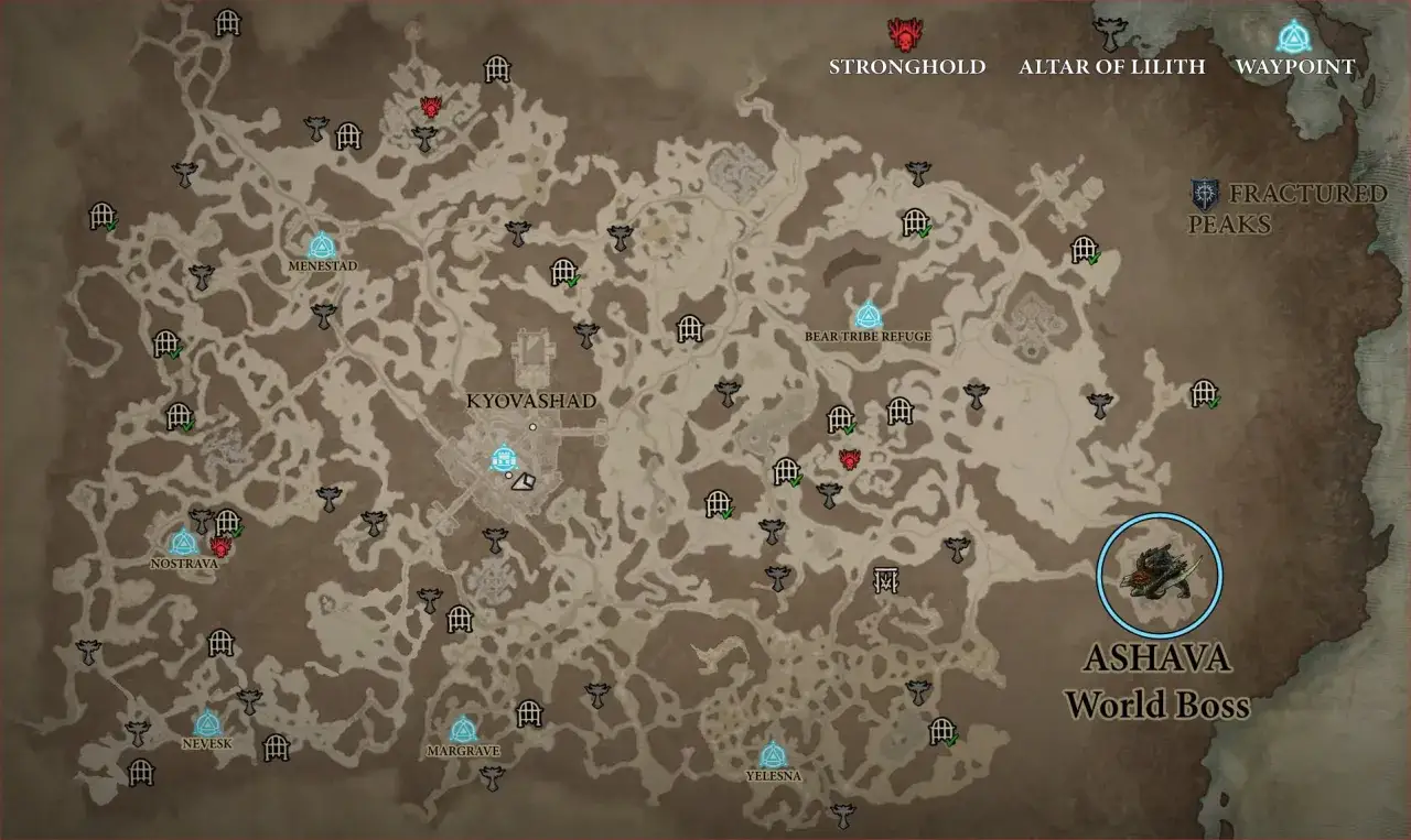 Mapa Sanktuarium z zaznaczonymi lokacjami, w tym Kyovashad, Menestad i Ashava, Światowy Boss. Odkryj diablo 4 tajemnice źródła.
