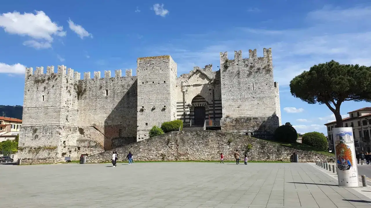 Castello medievale nel prato centro storico, con un grande albero e cielo azzurro.