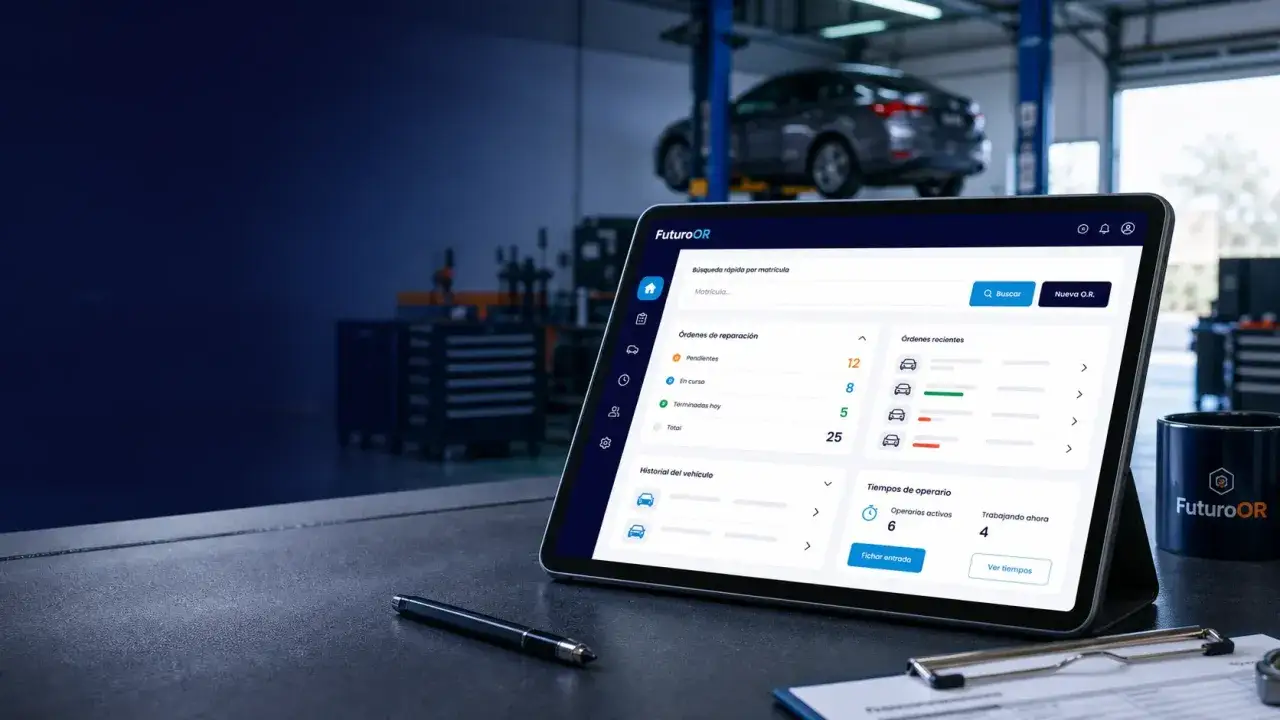 Tablet con software de gesti&oacute;n para erp taller mecanico. Muestra &oacute;rdenes de reparaci&oacute;n, historial y tiempos de operario en un taller.