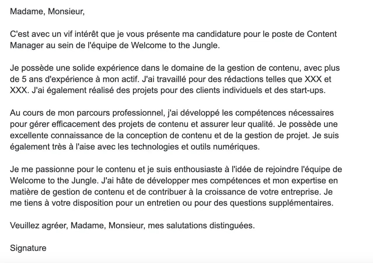 Lettre de motivation pour un poste de Content Manager. Le texte, rédigé comme si par ChatGPT, détaille l'expérience et les compétences du candidat.