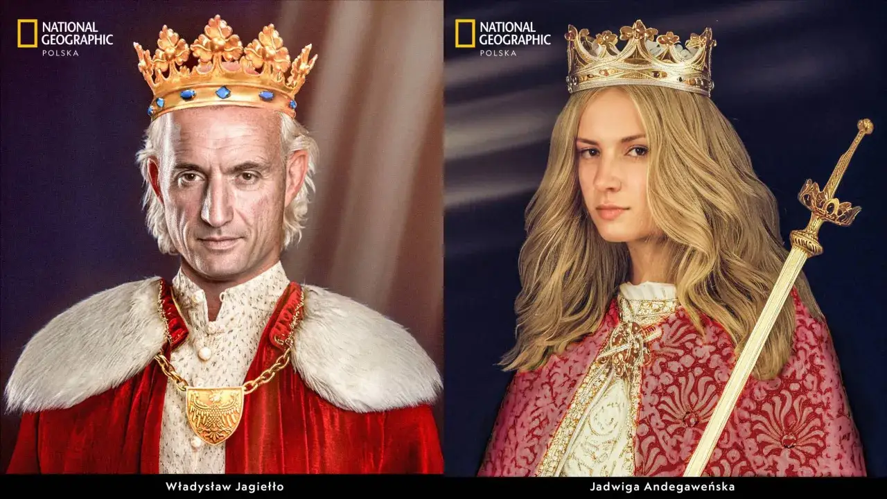 Władysław Jagiełło i Jadwiga Andegaweńska, królewskie postacie z różnych epoki polski, w bogatych strojach i koronach.