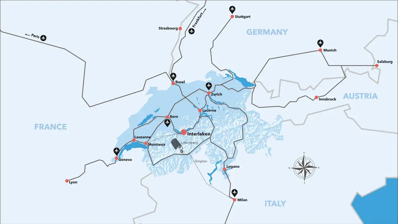 Map showing train routes and airports connecting Interlaken to major European cities like Paris, Frankfurt, Zurich, and Milan, illustrating how to get around Interlaken and beyond.