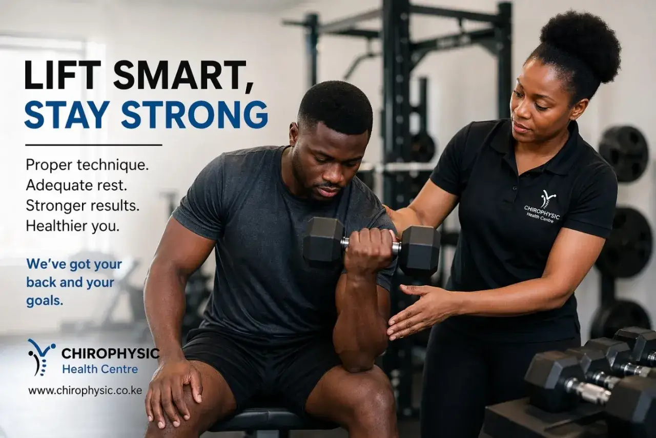 En man lyfter en hantel med en tränare som ger gymtips. Lyft smart, må bra.