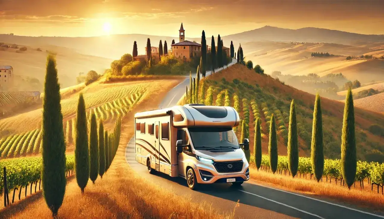 Un camping-car traverse les paysages dor&eacute;s de Toscane, longeant des vignobles et des cypr&egrave;s sous un soleil couchant. L'aventure des Pouilles en camping-car commence ici.