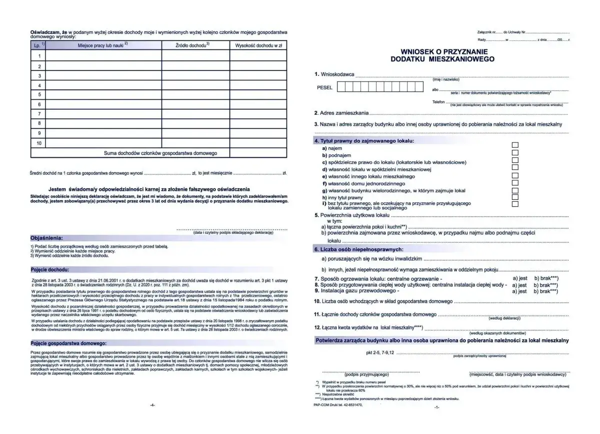 Wniosek o przyznanie dodatku mieszkaniowego. Formularz zawiera dane wnioskodawcy, adres, tytuł prawny do lokalu, dochody i wydatki.