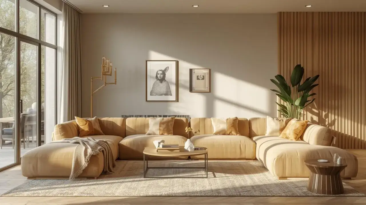 Un grand canapé modulaire beige, garni de coussins douillets et d'une couverture, invite à la détente. Idéal pour savoir comment rendre un canapé plus confortable.