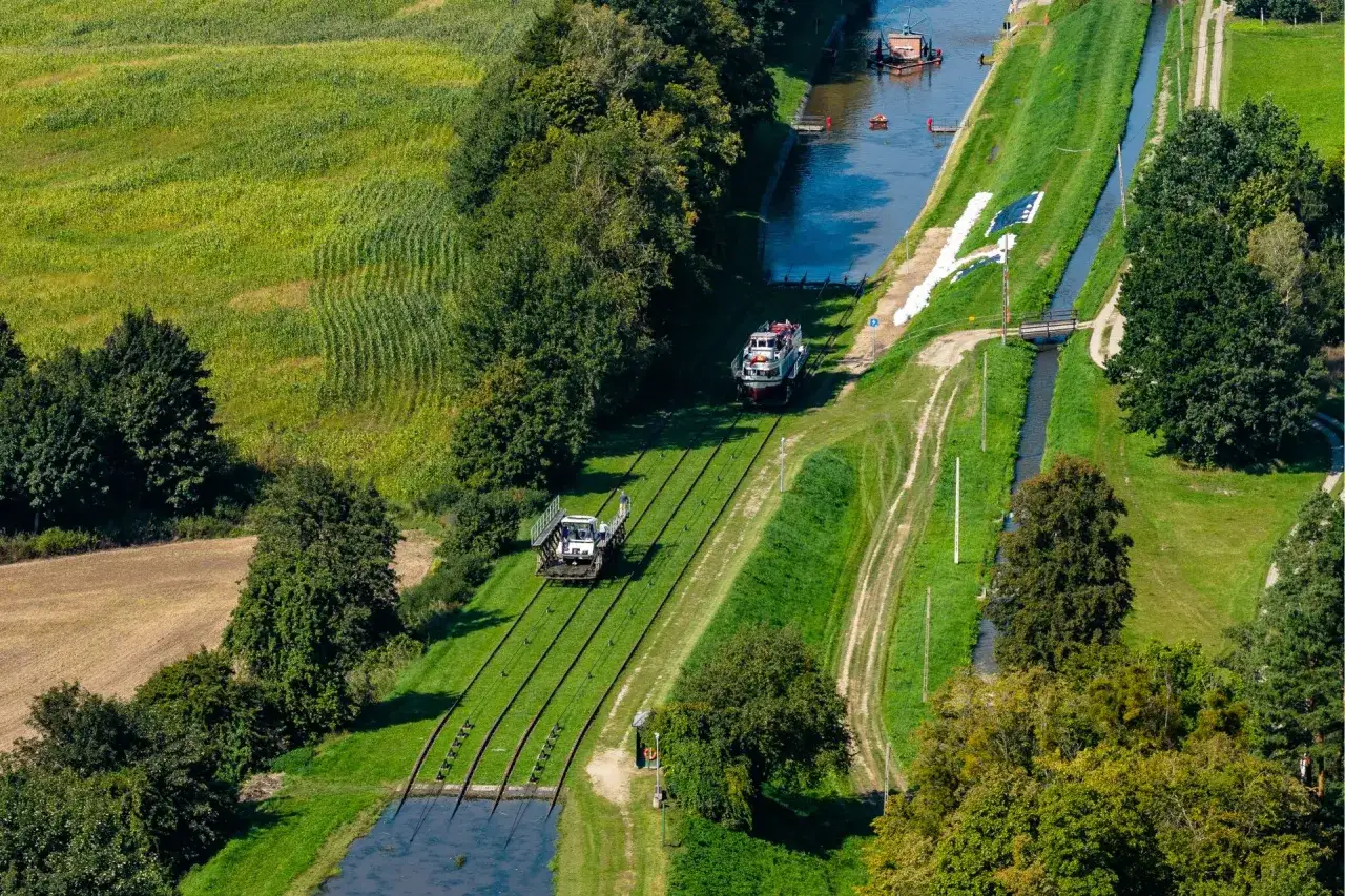 Widok z lotu ptaka na kanał elbląski trasa. Statki na pochylniach i w wodzie, otoczone zielenią pól i lasów.