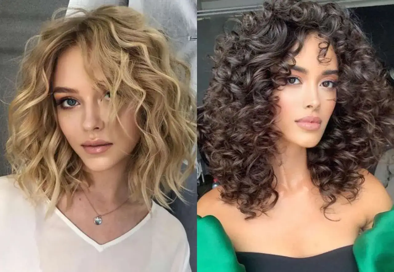 Dos mujeres lucen estilosos bob cortes de pelo rizado, una rubia con ondas suaves y otra morena con rizos definidos.