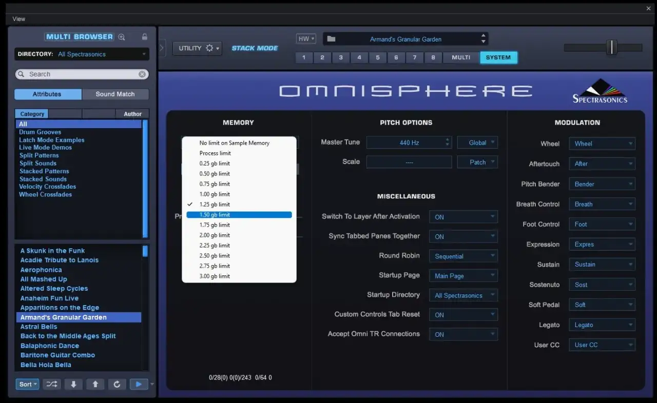 Omnisphere-Interface mit Liste von Sounds, darunter 