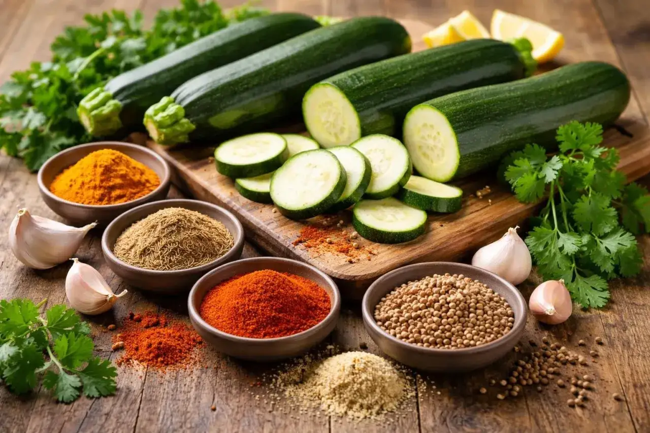 Courgettes coup&eacute;es, ail, coriandre et plusieurs &eacute;pices en poudre et en grains. Quelle &eacute;pice avec courgette pour un plat savoureux ?