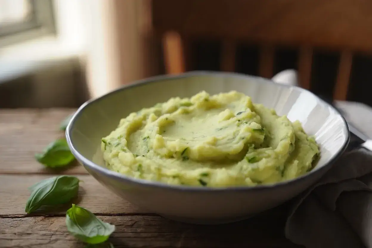 Un bol de purée de courgette onctueuse, parsemée de basilic frais, sur une table en bois rustique.