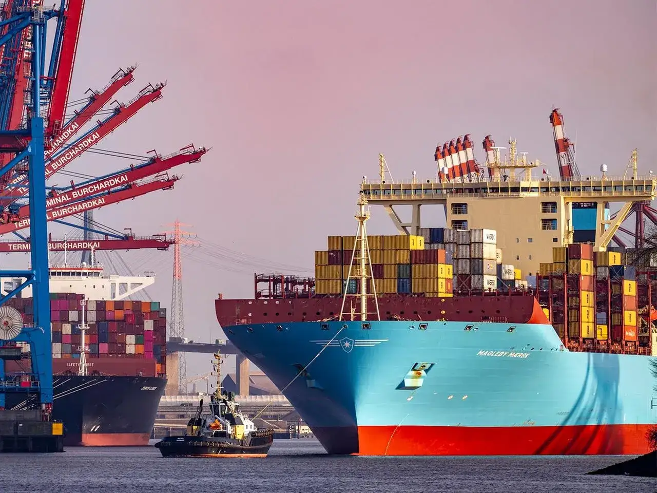 Große Containerschiffe im Hafen, bereit für den Transport. Ein maritimer Anwalt würde hier die komplexen Logistik- und Rechtsfragen klären.