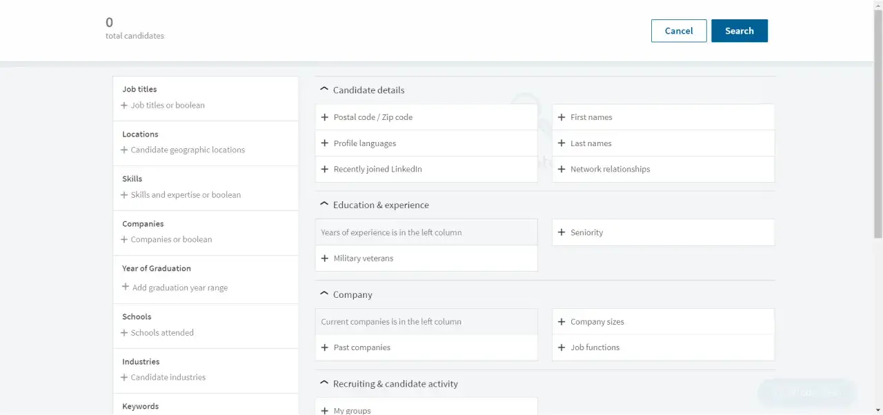Szukasz informacji o tym, co to jest aplikacja LinkedIn? Ten zrzut ekranu pokazuje opcje wyszukiwania kandydatów, takie jak stanowiska, lokalizacje, umiejętności i doświadczenie.