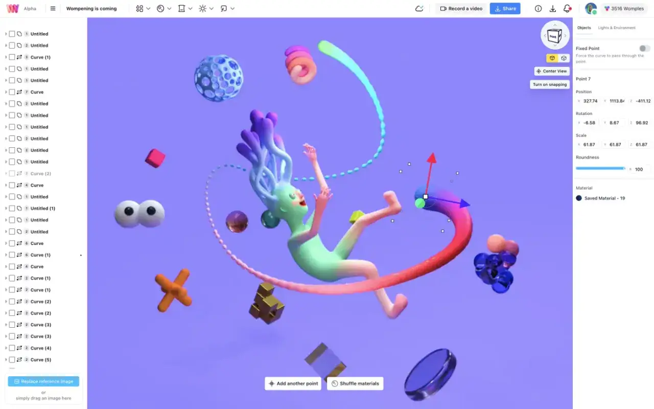 Kolorowa postać w powietrzu, tworząca projekt 3D online. Obok niej unoszą się r&oacute;żne obiekty, a po prawej stronie panel edycji.