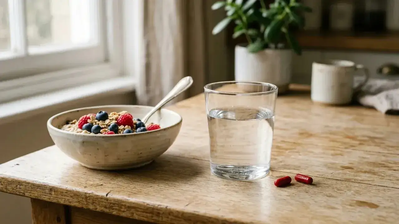 Gesundes Frühstück mit Beeren und Müsli. Daneben ein Glas Wasser und zwei rote Kapseln – ideal, wenn probiotika einnehmen.