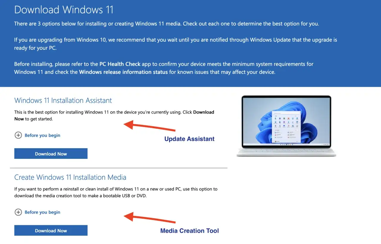 Strona z opcjami pobierania Windows 11. Dostępny asystent aktualizacji i narzędzie do tworzenia nośnika instalacyjnego.