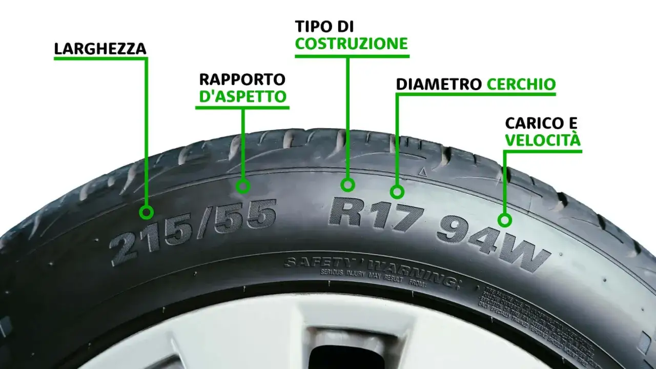 Dettagli sulle misure pneumatici: larghezza, rapporto d'aspetto, tipo di costruzione, diametro cerchio, carico e velocità.