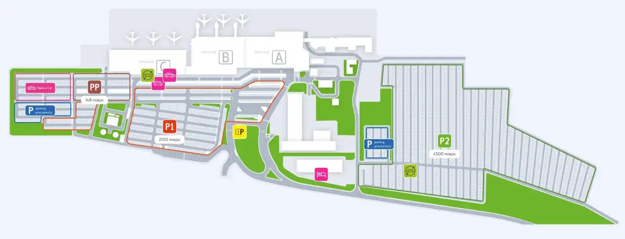 Plan lotniska w Katowicach: terminale A, B, C, parkingi P1, P2, PP, parking pracowniczy, Rent a Car.