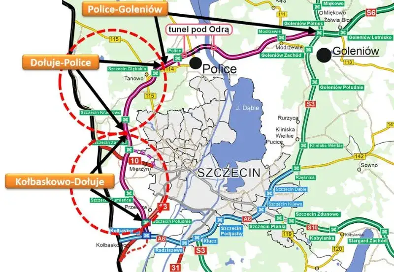 Mapa Zachodniej Obwodnicy Szczecina z odcinkami i tunelem