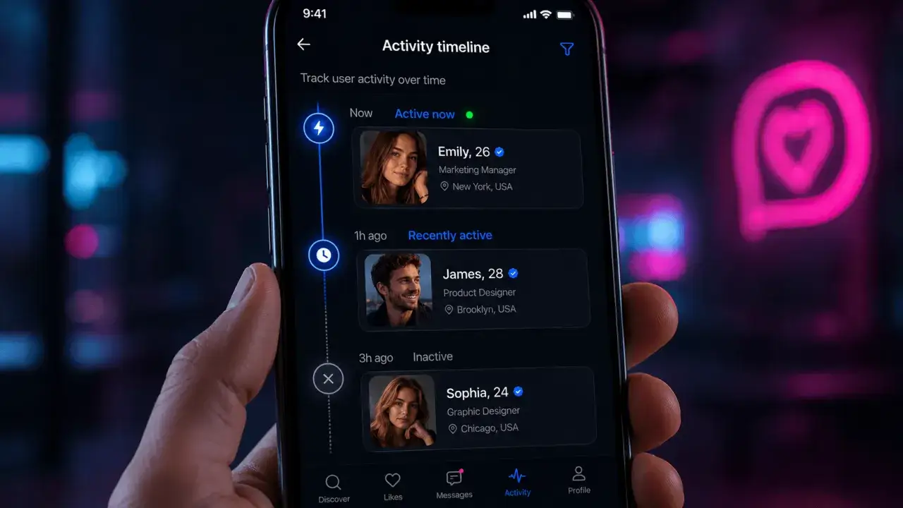 Na ekranie telefonu widać oś czasu aktywności użytkownik&oacute;w Tindera. 