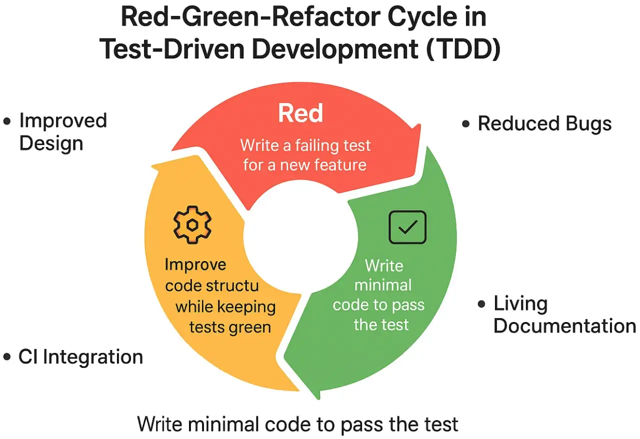 Cykl TDD: czerwony (test nieudany), zielony (kod przechodzi testy), refaktoryzacja. Poprawia projekt, redukuje błędy, dokumentuje kod.