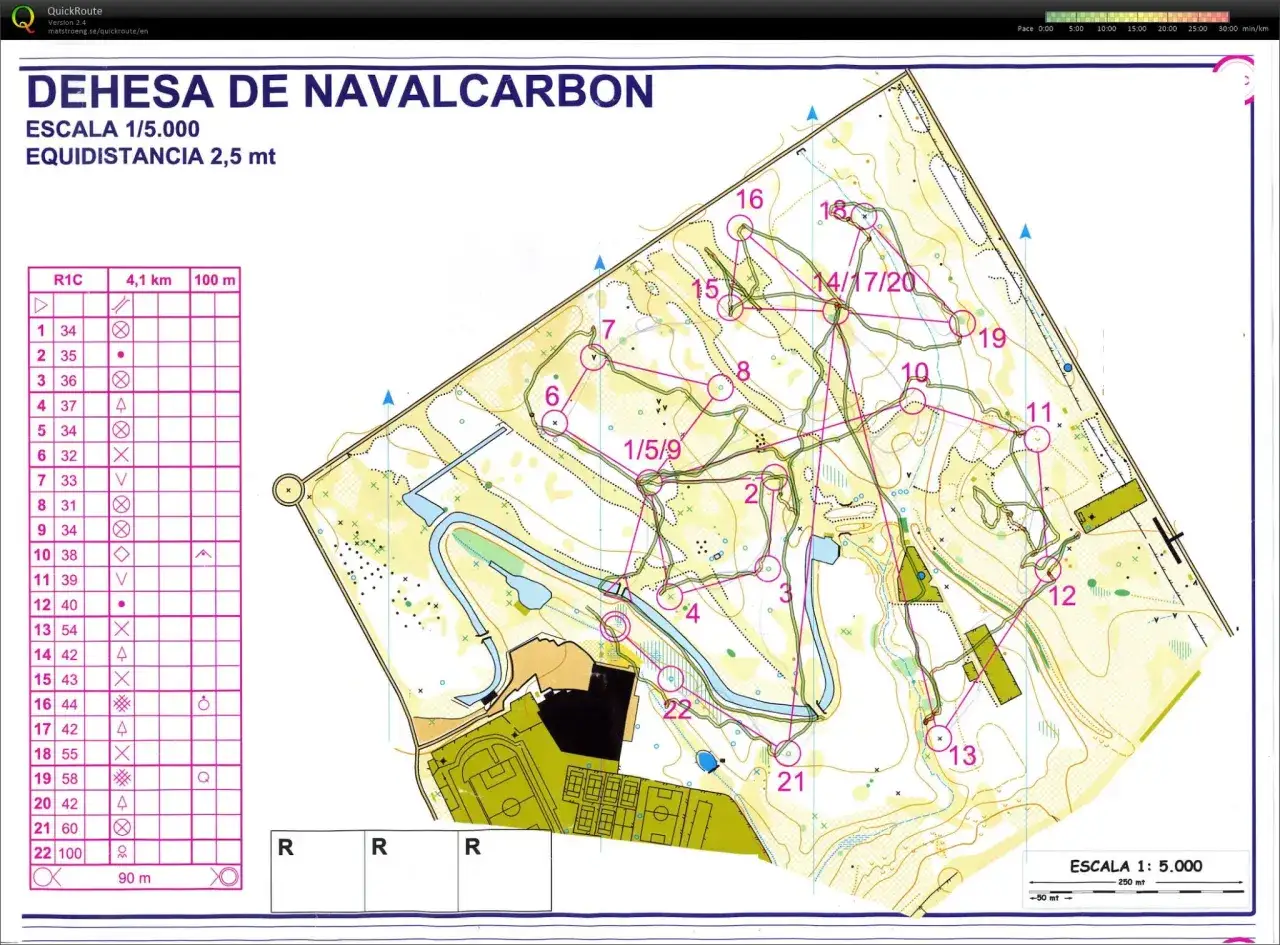 Mapa de **carrera de orientaci&oacute;n** en Dehesa de Navalcarbon. Muestra el recorrido con puntos de control y senderos.