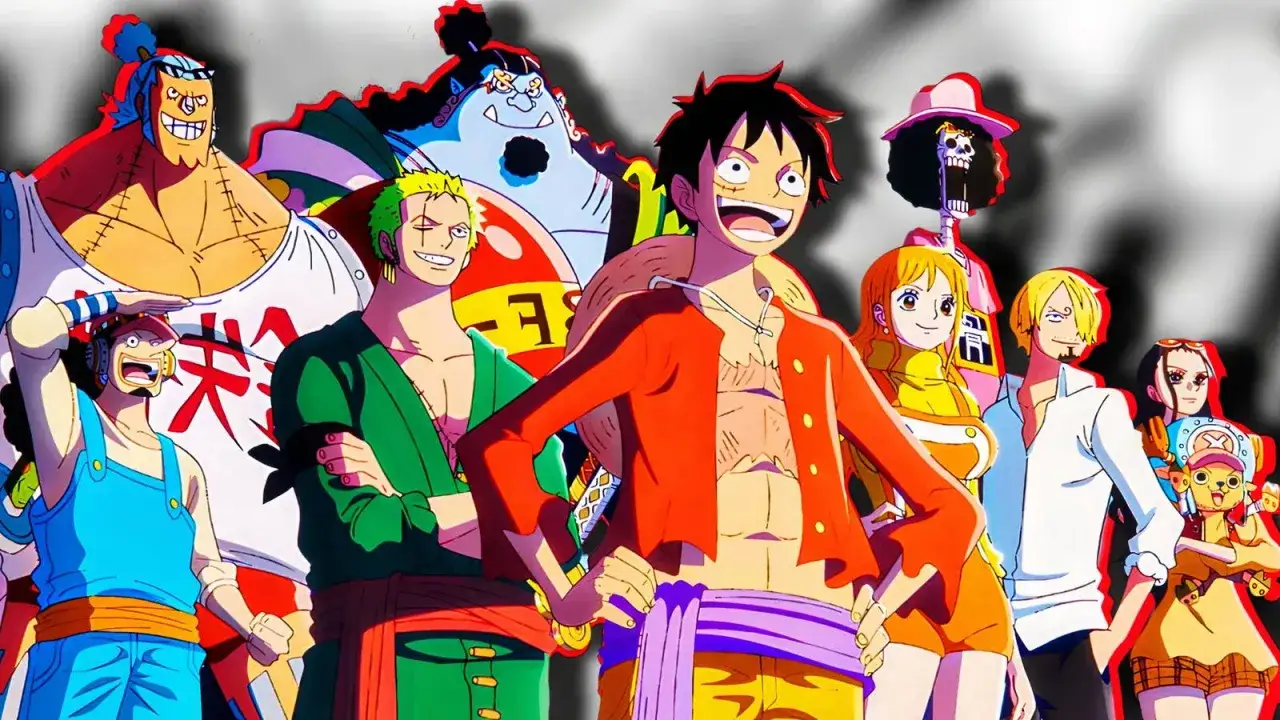 Die Strohhutpiraten, darunter Ruffy, Zoro und Nami, sind bereit für Abenteuer in Staffel 1 von One Piece (Anime).