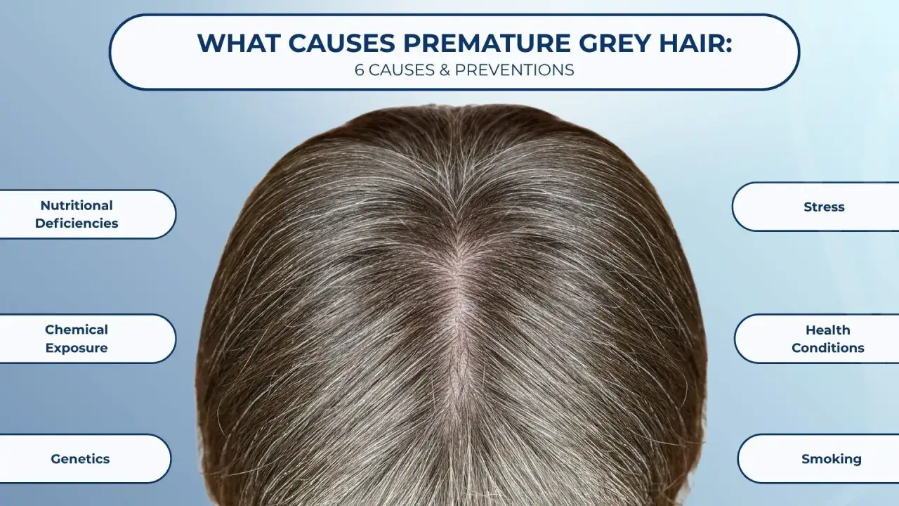 Detalle del cuero cabelludo con canas, explicando porque salen canas: deficiencias nutricionales, estrés, genética, exposición química, condiciones de salud y tabaquismo.