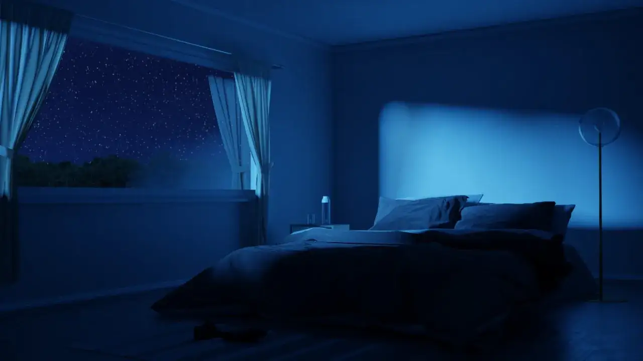 Ein gem&uuml;tliches Schlafzimmer bei Nacht, mit Sternenhimmel und einem einladenden Bett. Perfekt, um schnell einzuschlafen.