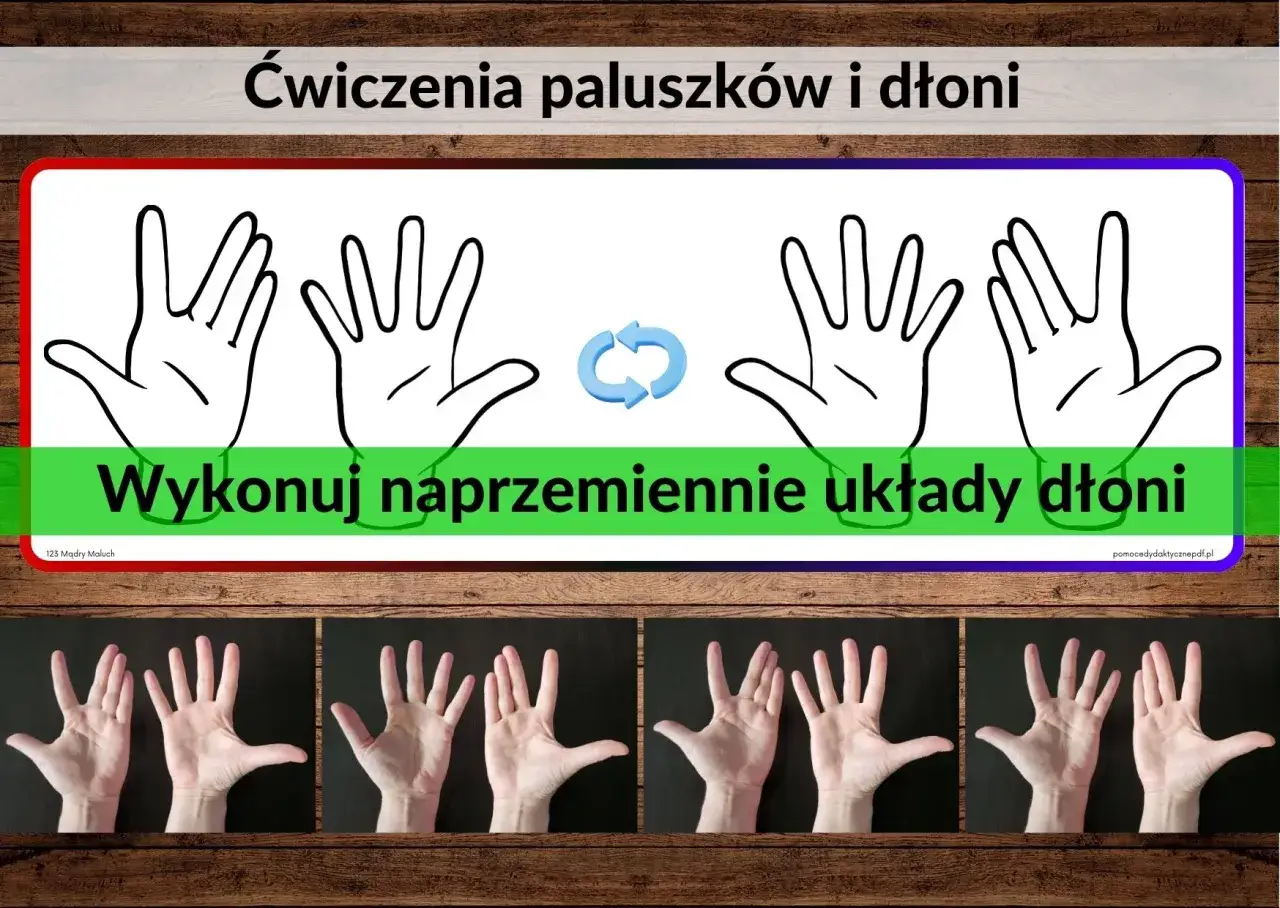 Ćwiczenia paluszków i dłoni: naprzemienne układy dłoni, rozwijające motorykę małą.